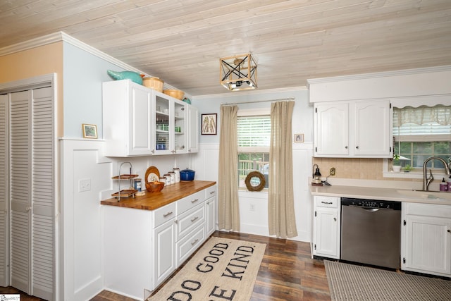 208 S Severn Cir, Easley, SC 29642 - kitchen featuring dishwasher, ornamental molding, white cabinetry, dark wood finished floors, and a sink
