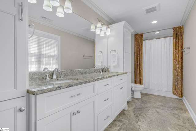 121 Lowe Rd, Piedmont, SC 29673 - bathroom with double vanity, toilet, ornamental molding, recessed lighting, and baseboards