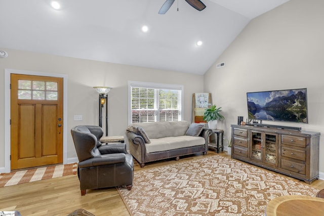 121 Lowe Rd, Piedmont, SC 29673 - living room with a ceiling fan, light wood-type flooring, lofted ceiling, recessed lighting, and baseboards