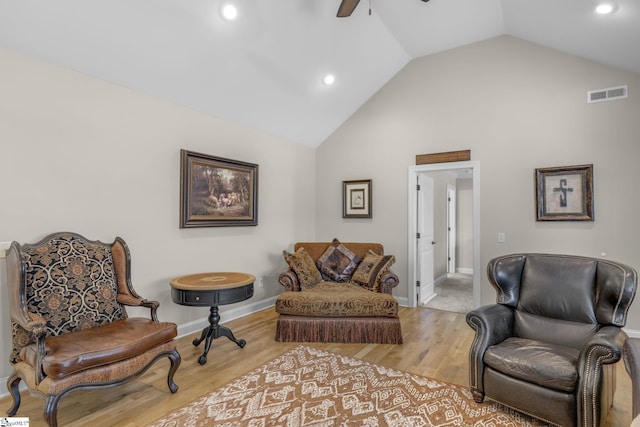 121 Lowe Rd, Piedmont, SC 29673 - sitting room with a ceiling fan, wood finished floors, high vaulted ceiling, baseboards, and recessed lighting