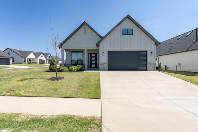 1 Winding Rock Rd, Simpsonville, SC 29680 - modern farmhouse style home with board and batten siding, a front lawn, a garage, concrete driveway, and stone siding