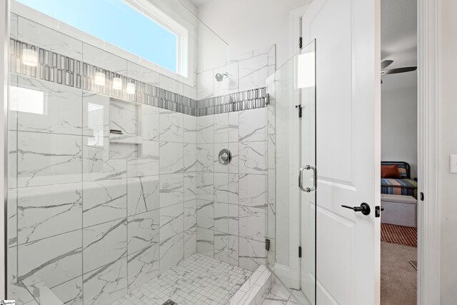 1 Winding Rock Rd, Simpsonville, SC 29680 - ensuite bathroom with a marble finish shower and ceiling fan