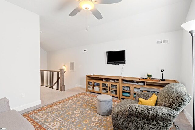 1 Winding Rock Rd, Simpsonville, SC 29680 - carpeted living area with a ceiling fan, baseboards, and vaulted ceiling