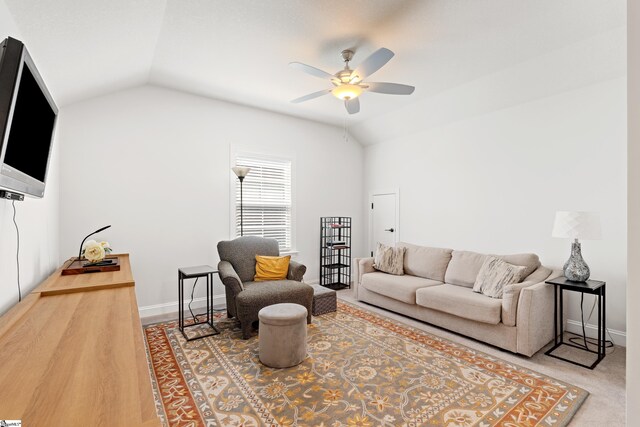 1 Winding Rock Rd, Simpsonville, SC 29680 - living room featuring a ceiling fan, lofted ceiling, and baseboards