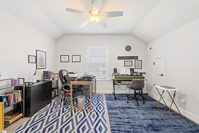 1 Winding Rock Rd, Simpsonville, SC 29680 - office area featuring ceiling fan, vaulted ceiling, and baseboards