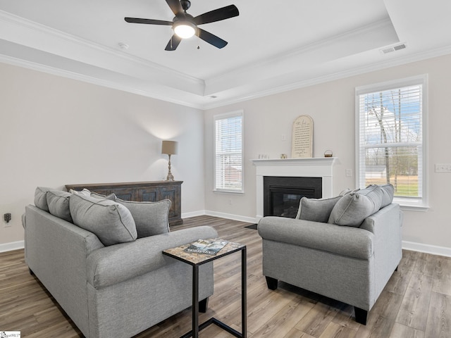 4427 Storehouse Run, Boiling Springs, SC 29316 - living room featuring a tray ceiling, a ceiling fan, a glass covered fireplace, wood finished floors, and crown molding