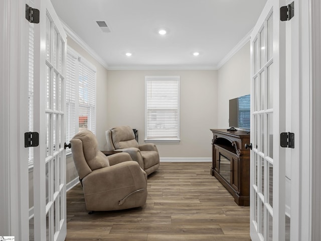 4427 Storehouse Run, Boiling Springs, SC 29316 - living area featuring french doors, crown molding, baseboards, wood finished floors, and recessed lighting
