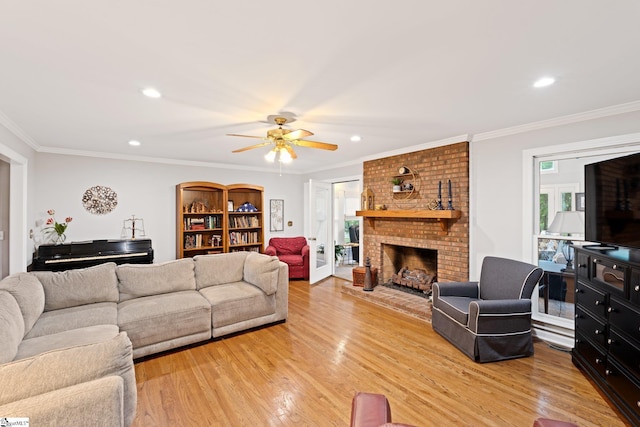 8 Nigh Oak Trce, Greer, SC 29651 - living room featuring light wood-style flooring, a ceiling fan, recessed lighting, a fireplace, and ornamental molding