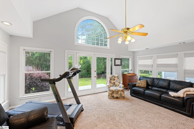 8 Nigh Oak Trce, Greer, SC 29651 - workout room featuring french doors, carpet, high vaulted ceiling, and a ceiling fan