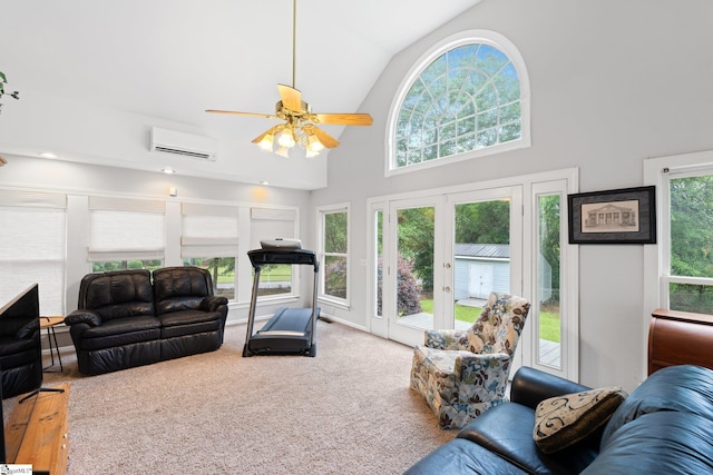 8 Nigh Oak Trce, Greer, SC 29651 - carpeted living area featuring a wall unit AC, high vaulted ceiling, ceiling fan, and french doors