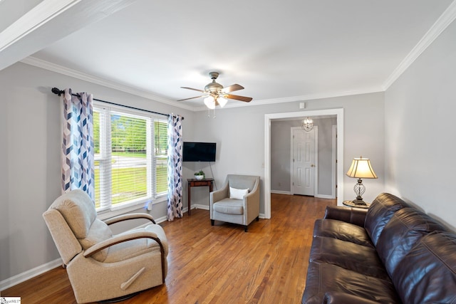 8 Nigh Oak Trce, Greer, SC 29651 - living area featuring crown molding, wood finished floors, a ceiling fan, and baseboards