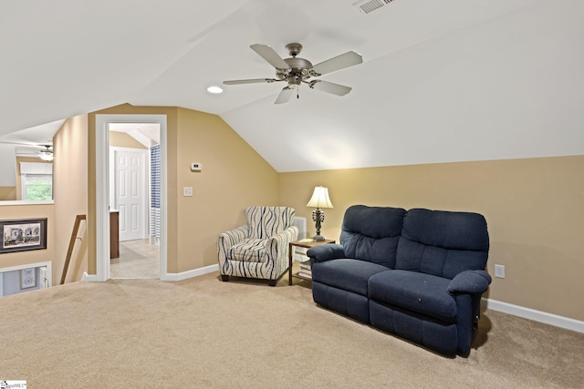 8 Nigh Oak Trce, Greer, SC 29651 - living area with a ceiling fan, carpet floors, an upstairs landing, vaulted ceiling, and baseboards