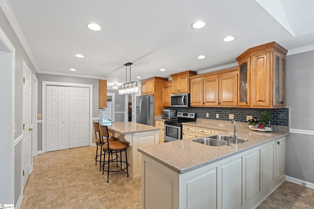 8 Nigh Oak Trce, Greer, SC 29651 - kitchen featuring stainless steel appliances, a sink, decorative backsplash, ornamental molding, and light stone counters