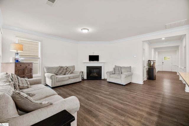 305 Kellen Ct, Duncan, SC 29334 - living area featuring crown molding, dark wood-type flooring, a glass covered fireplace, and baseboards