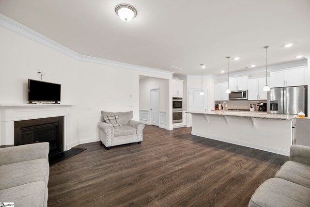 305 Kellen Ct, Duncan, SC 29334 - living room with ornamental molding, recessed lighting, dark wood-type flooring, a fireplace with raised hearth, and baseboards
