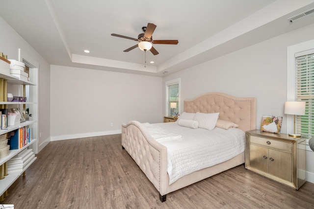 881 Cothran Rd, Inman, SC 29349 - bedroom with wood finished floors, recessed lighting, a raised ceiling, baseboards, and a ceiling fan