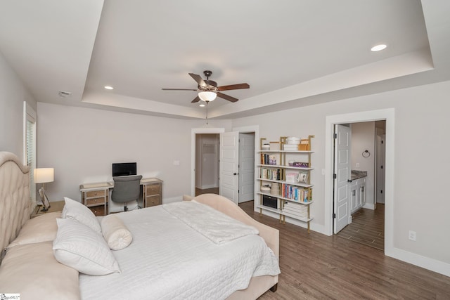 881 Cothran Rd, Inman, SC 29349 - bedroom with a raised ceiling, baseboards, wood finished floors, recessed lighting, and ceiling fan