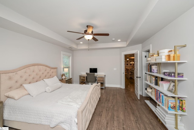 881 Cothran Rd, Inman, SC 29349 - bedroom featuring dark wood-style floors, recessed lighting, a tray ceiling, baseboards, and ceiling fan