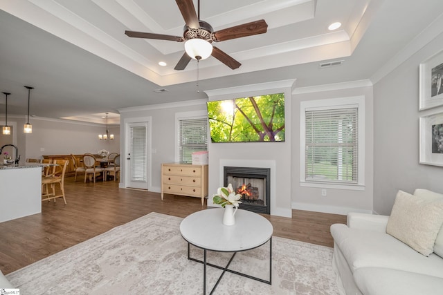 881 Cothran Rd, Inman, SC 29349 - living room with wood finished floors, a tray ceiling, ornamental molding, a warm lit fireplace, and healthy amount of natural light