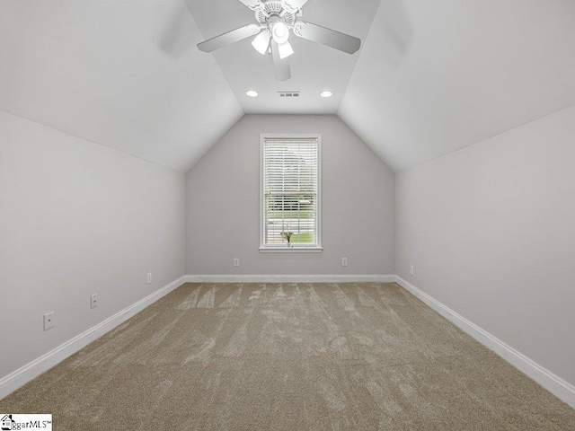 251 Saddlebrook Dr, Moore, SC 29369 - additional living space with lofted ceiling, baseboards, light colored carpet, ceiling fan, and recessed lighting