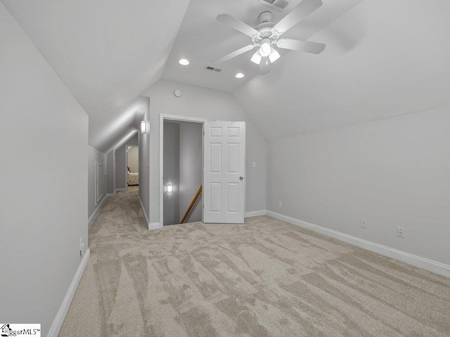 251 Saddlebrook Dr, Moore, SC 29369 - additional living space with light carpet, baseboards, vaulted ceiling, recessed lighting, and a ceiling fan