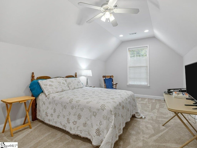 251 Saddlebrook Dr, Moore, SC 29369 - carpeted bedroom featuring vaulted ceiling, baseboards, ceiling fan, and recessed lighting