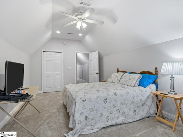 251 Saddlebrook Dr, Moore, SC 29369 - carpeted bedroom featuring lofted ceiling, a closet, ceiling fan, baseboards, and recessed lighting