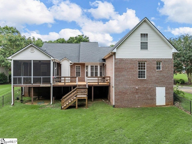 251 Saddlebrook Dr, Moore, SC 29369 - rear view of house with stairs, brick siding, a sunroom, and a deck