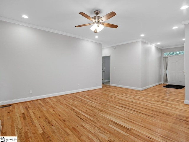 251 Saddlebrook Dr, Moore, SC 29369 - empty room with a ceiling fan, light wood-type flooring, recessed lighting, baseboards, and ornamental molding