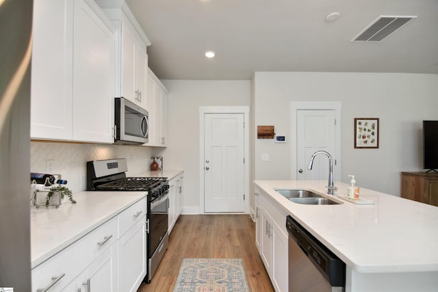 105 Boren Way, Greenville, SC 29607 - kitchen featuring stainless steel appliances, a sink, a kitchen island with sink, tasteful backsplash, and white cabinetry