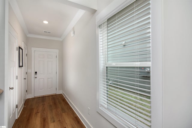 105 Boren Way, Greenville, SC 29607 - doorway to outside featuring dark wood finished floors, healthy amount of natural light, baseboards, and crown molding