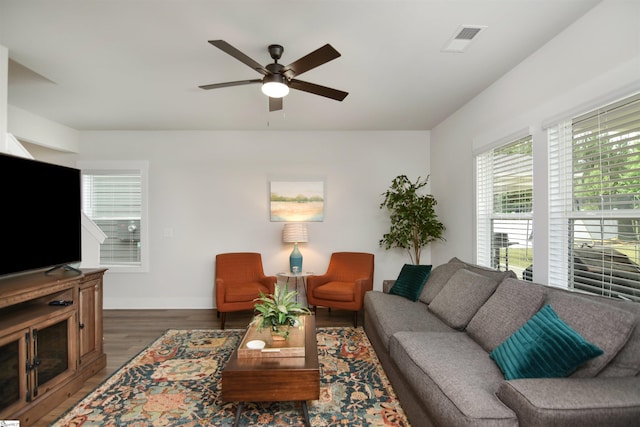 105 Boren Way, Greenville, SC 29607 - living room featuring baseboards, wood finished floors, and ceiling fan