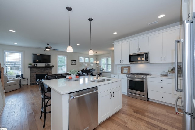 26 Bradstock Dr, Greer, SC 29650 - kitchen featuring stainless steel appliances, a sink, open floor plan, a ceiling fan, and healthy amount of natural light