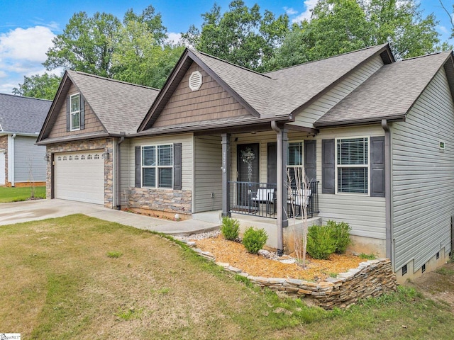 227 Heritage Creek Dr, Boiling Springs, SC 29316 - view of front of property featuring a porch, a shingled roof, driveway, a front lawn, and stone siding