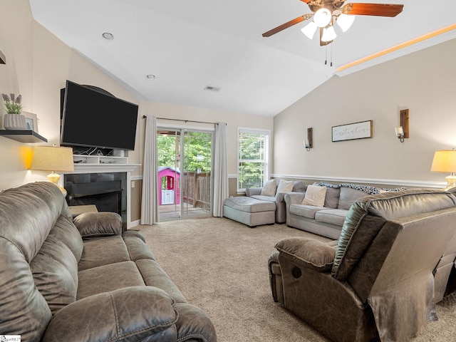 227 Heritage Creek Dr, Boiling Springs, SC 29316 - carpeted living room with a ceiling fan, vaulted ceiling, and a fireplace