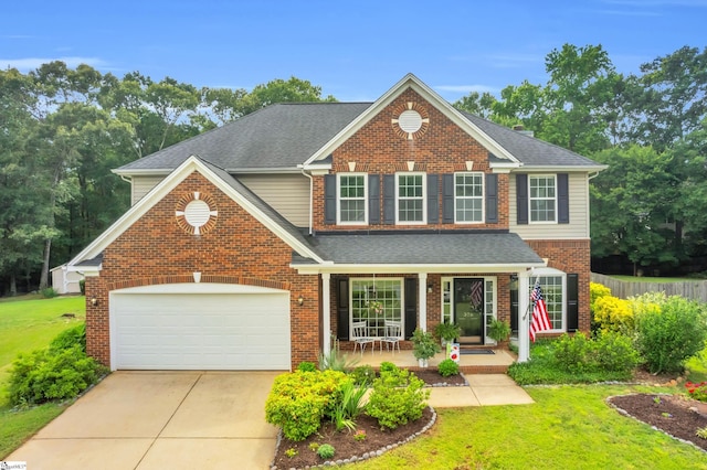 376 Woodsberry Shoals Dr, Duncan, SC 29334 - traditional home with a porch, brick siding, concrete driveway, and roof with shingles