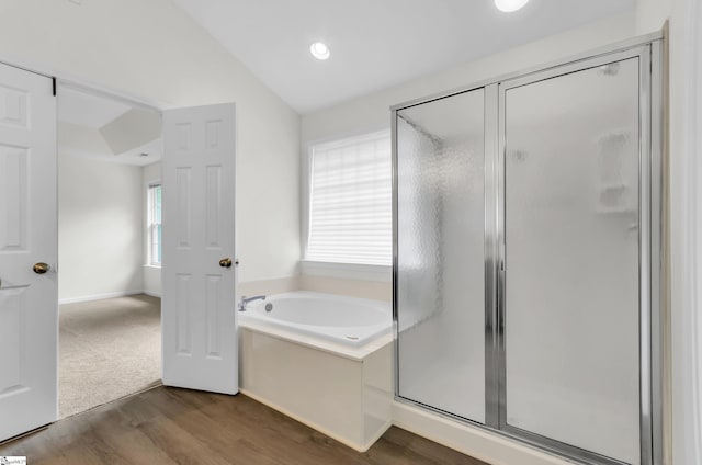 376 Woodsberry Shoals Dr, Duncan, SC 29334 - bathroom with a shower stall, a garden tub, wood finished floors, and lofted ceiling