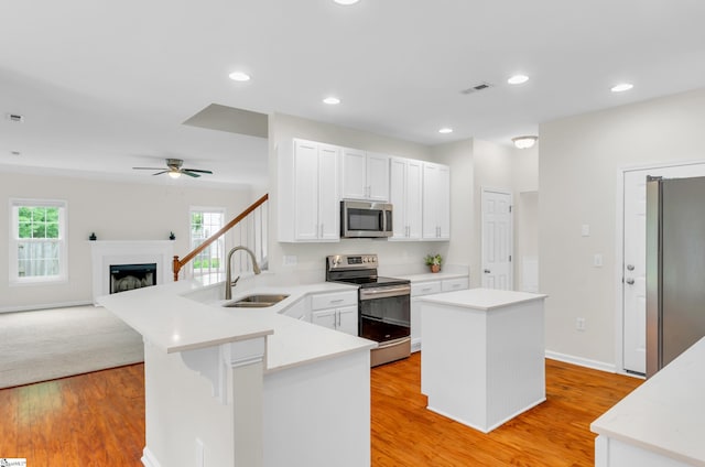 376 Woodsberry Shoals Dr, Duncan, SC 29334 - kitchen with stainless steel appliances, a sink, a peninsula, a kitchen island, and light wood-style flooring