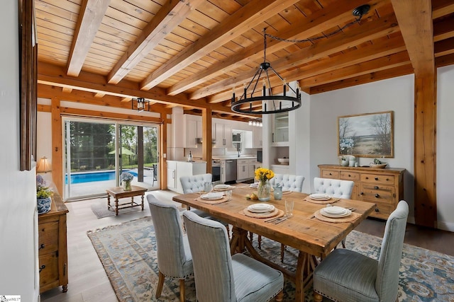 868 Old Hundred Rd, Pelzer, SC 29669 - dining space with light wood-type flooring, a chandelier, and wood ceiling with exposed beams