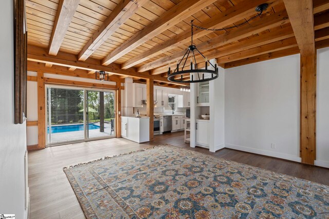 868 Old Hundred Rd, Pelzer, SC 29669 - unfurnished living room featuring wooden ceiling with exposed beams, a chandelier, wood finished floors, and baseboards