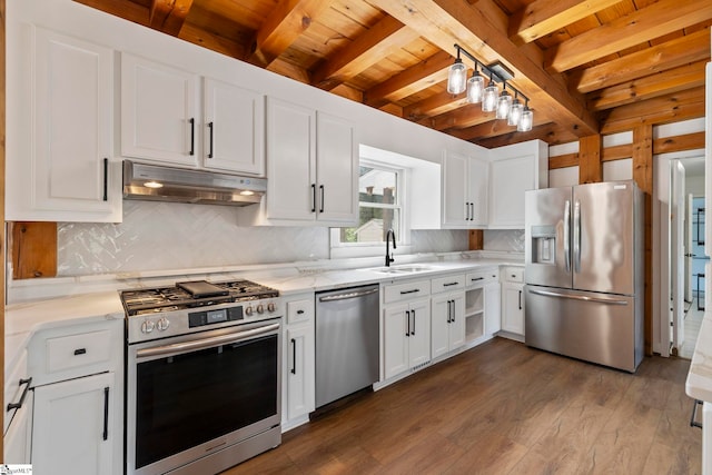 868 Old Hundred Rd, Pelzer, SC 29669 - kitchen with stainless steel appliances, under cabinet range hood, wooden ceiling with exposed beams, dark wood-style flooring, and a sink