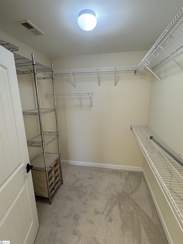 spacious closet featuring light colored carpet