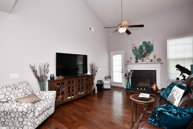 41 Irvington Dr, Greer, SC 29650 - living room featuring ceiling fan, wood finished floors, a glass covered fireplace, and high vaulted ceiling
