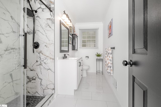 502 Hunts Bridge Rd, Greenville, SC 29617 - bathroom with a marble finish shower, vanity, and toilet