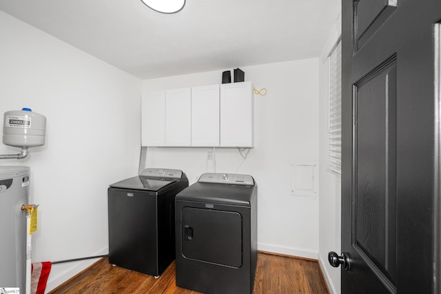 502 Hunts Bridge Rd, Greenville, SC 29617 - laundry room featuring water heater, cabinet space, separate washer and dryer, and dark wood-type flooring