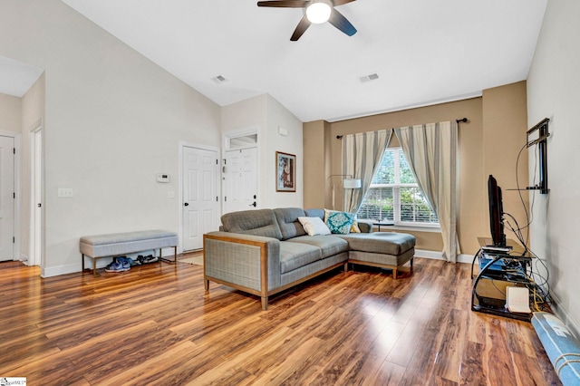 104 Penrith Ct, Simpsonville, SC 29681 - living area featuring wood finished floors, ceiling fan, baseboards, and lofted ceiling