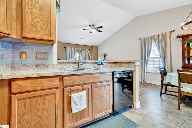 104 Penrith Ct, Simpsonville, SC 29681 - kitchen with black dishwasher, a sink, a ceiling fan, healthy amount of natural light, and lofted ceiling