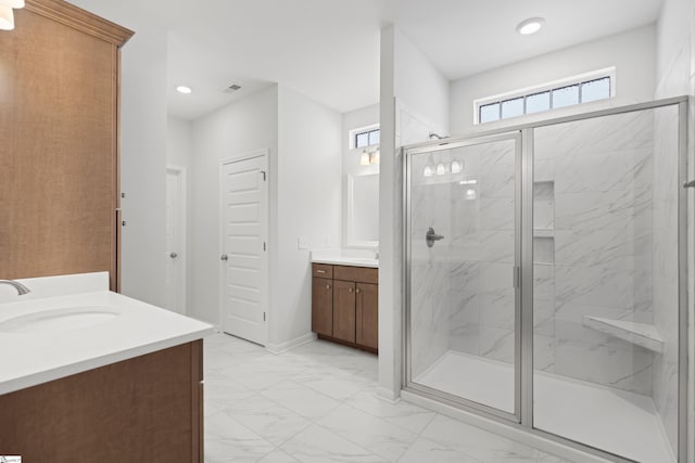 603 Betony Way, Greenville, SC 29607 - full bath featuring vanity, marble finish floors, a marble finish shower, and recessed lighting