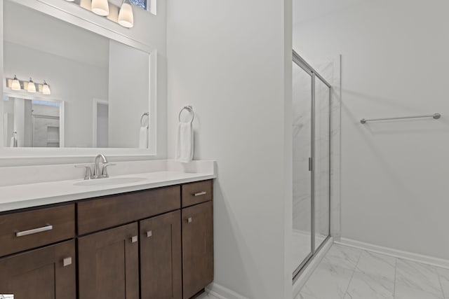 603 Betony Way, Greenville, SC 29607 - full bath featuring marble look tile flooring, vanity, a marble finish shower, and baseboards