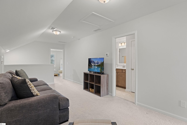 603 Betony Way, Greenville, SC 29607 - living area with attic access, light carpet, vaulted ceiling, and baseboards